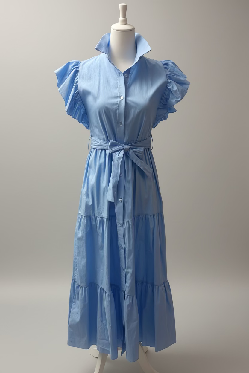 Kleid mit Knopfleiste, Flügelärmeln & Volantrock