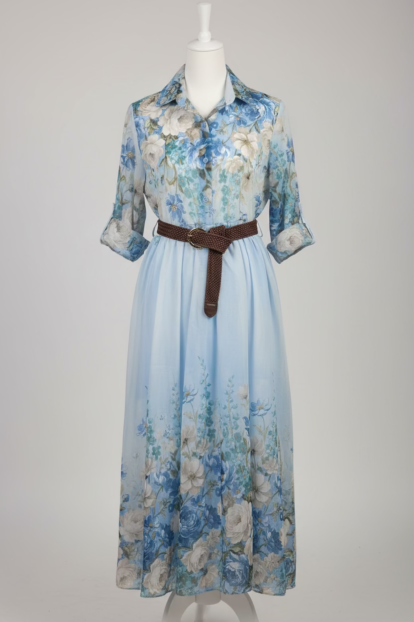 Kleid mit Blumenbuster, langen Ärmeln & Gürtel