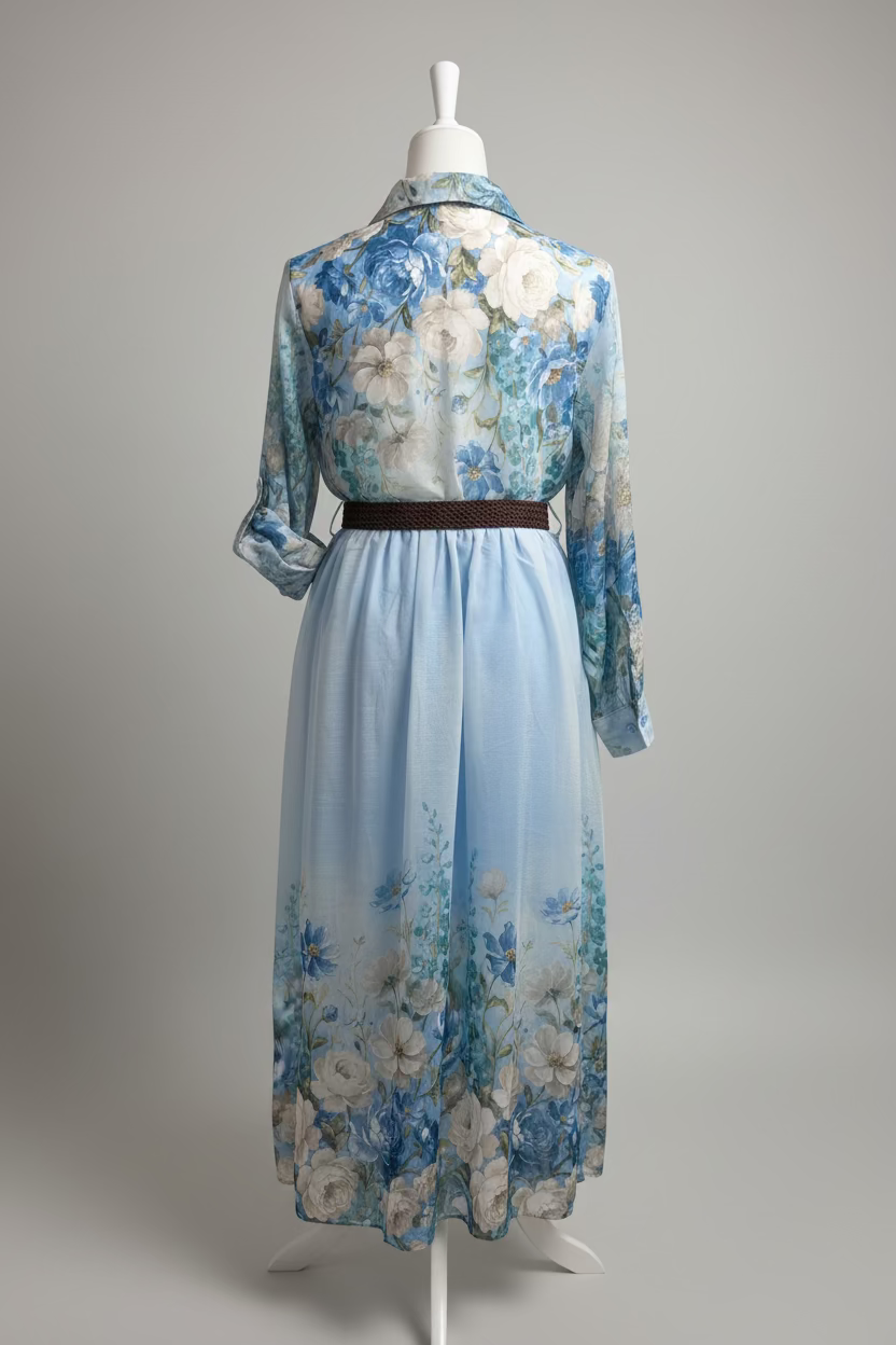 Kleid mit Blumenbuster, langen Ärmeln & Gürtel