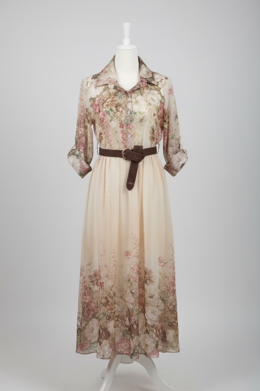 Kleid mit Blumenbuster, langen Ärmeln & Gürtel