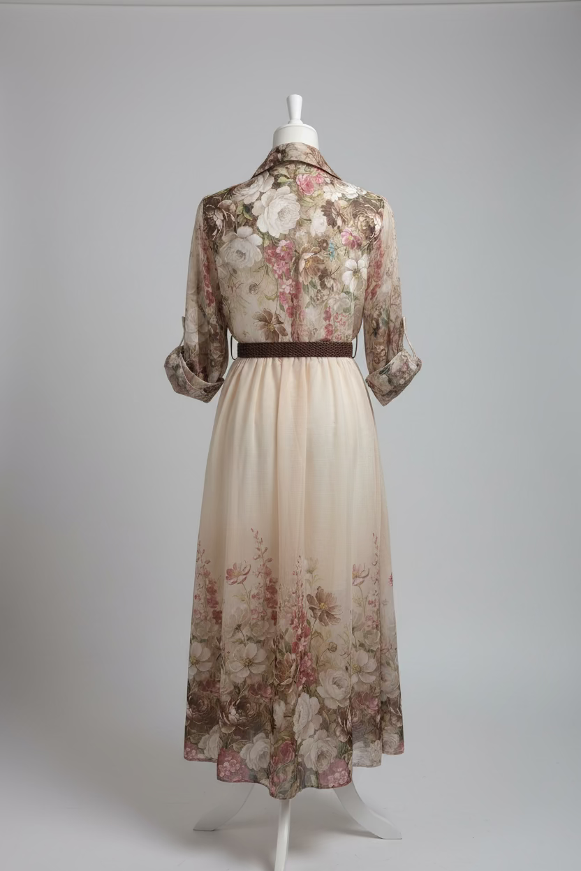 Kleid mit Blumenbuster, langen Ärmeln & Gürtel