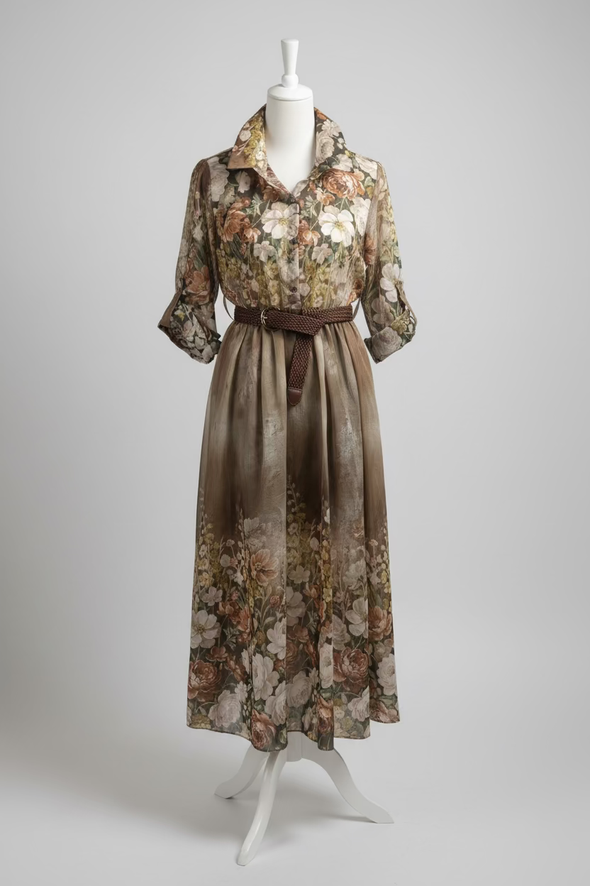 Kleid mit Blumenbuster, langen Ärmeln & Gürtel