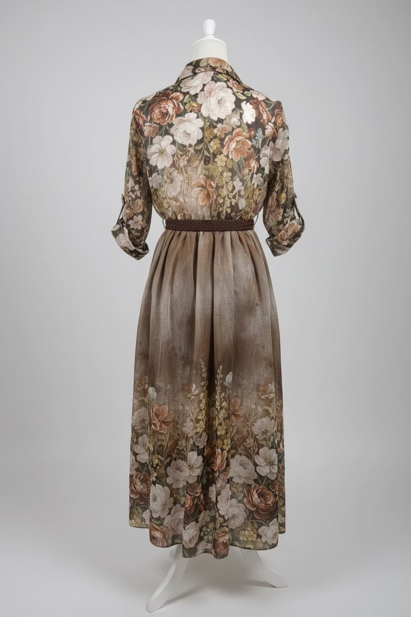 Kleid mit Blumenbuster, langen Ärmeln & Gürtel