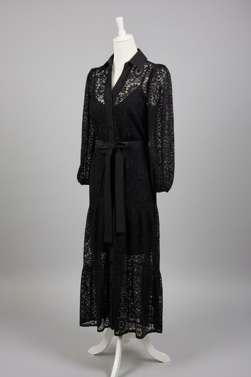 Spitzenkleid mit Gürtel, Knopfleiste & Gummibund-Ärmeln