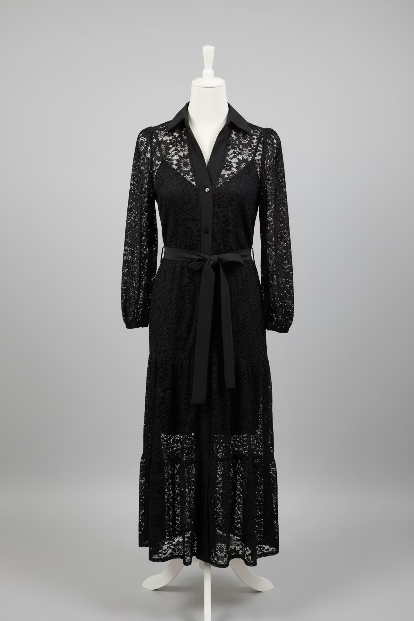 Spitzenkleid mit Gürtel, Knopfleiste & Gummibund-Ärmeln