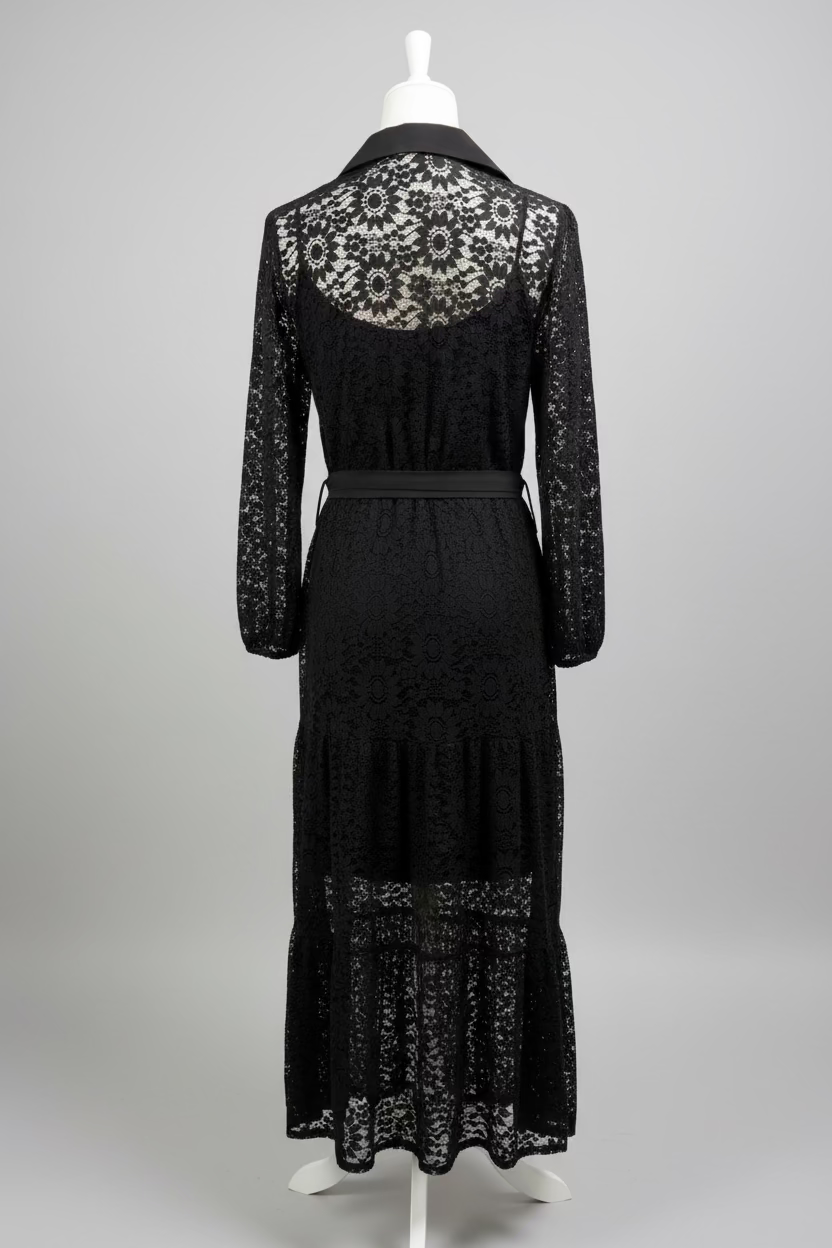 Spitzenkleid mit Gürtel, Knopfleiste & Gummibund-Ärmeln