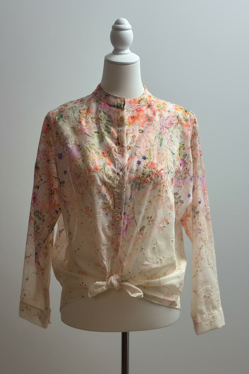 Bluse im Blumenmuster mit Stickereien & Pailletten