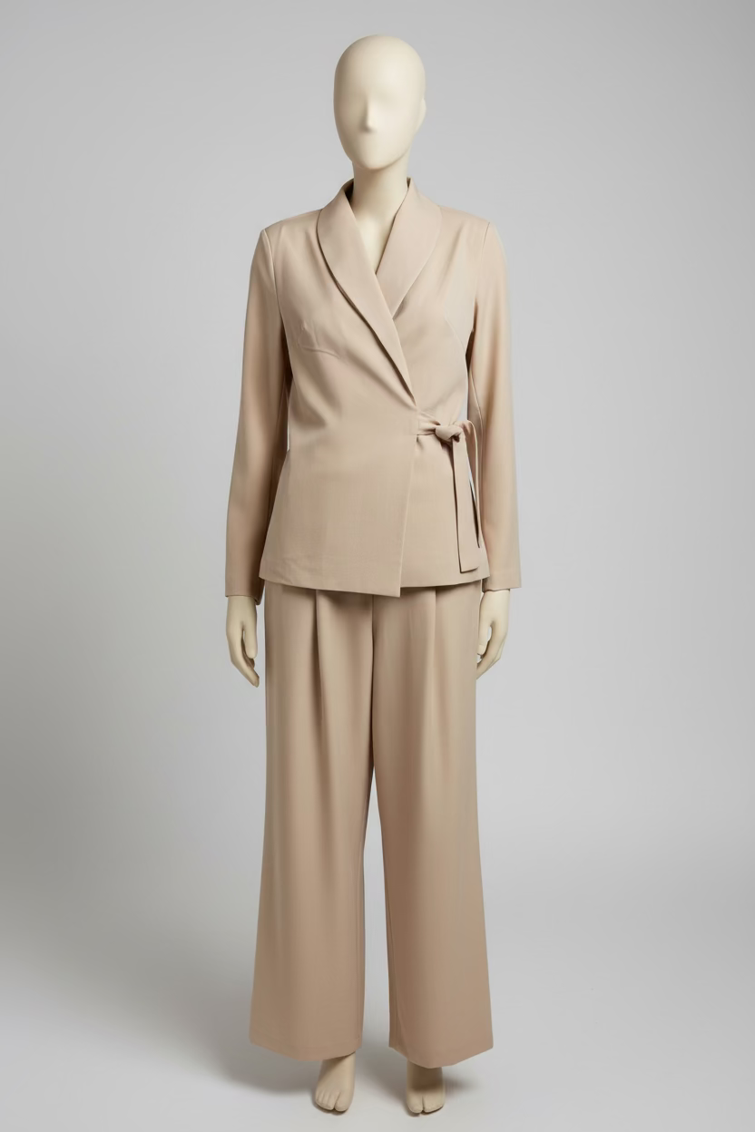 Zweiteiler: Blazer mit Bindegürtel & weiter Hose