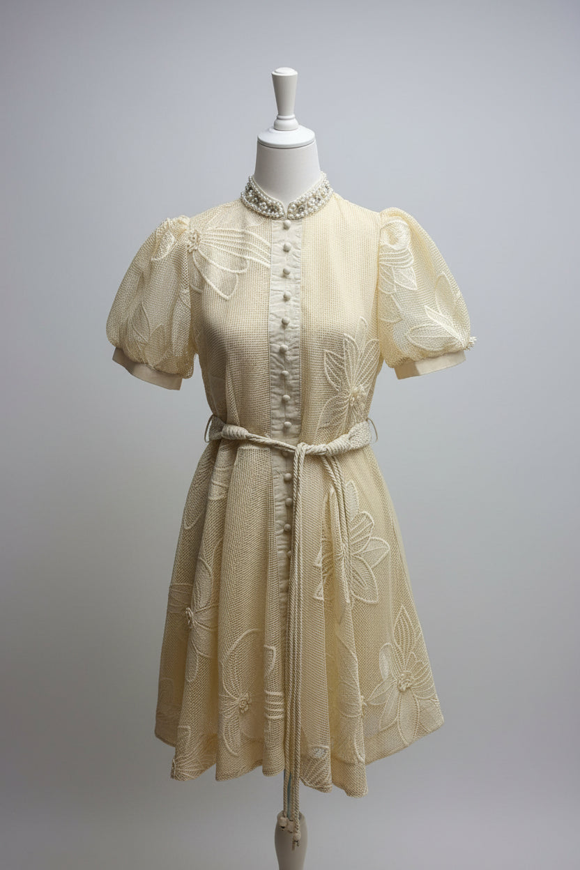 Kleid mit Perlenkragen und grober Spitze